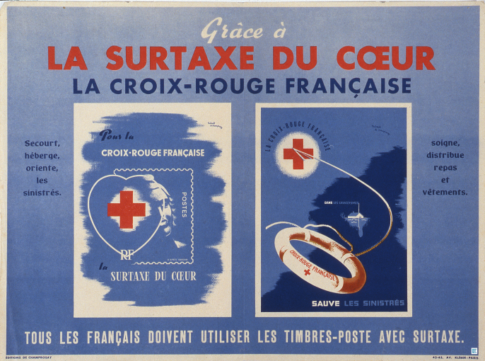 Thibault de Champrosay - Affiche de propagande pour la vente des timbre-poste avec surtaxe au profit de la Croix-Rouge française - Impression en couleur, vers 1950 Thibault de Champrosay - Affiche de propagande pour la vente des timbre-poste avec surtaxe au profit de la Croix-Rouge française - Impression en couleur, vers 1950