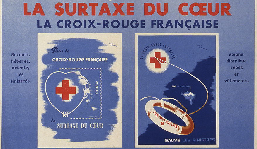 Détail - Thibault de Champrosay - Affiche de propagande pour la vente des timbre-poste avec surtaxe au profit de la Croix-Rouge française - Impression en couleur, vers 1950 Détail - Thibault de Champrosay - Affiche de propagande pour la vente des timbre-poste avec surtaxe au profit de la Croix-Rouge française - Impression en couleur, vers 1950