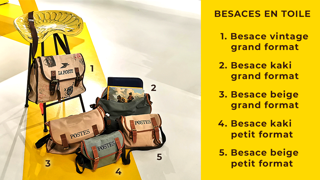 Photo des 5 besaces disponibles à la boutique du Musée Photo des 5 besaces disponibles à la boutique du Musée